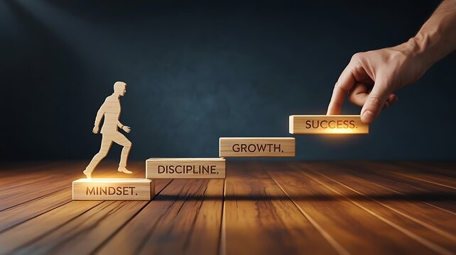 A hand placing a wooden block labeled success on of a staircase made of blocks labeled mindset, discipline, and growth with a silhouette