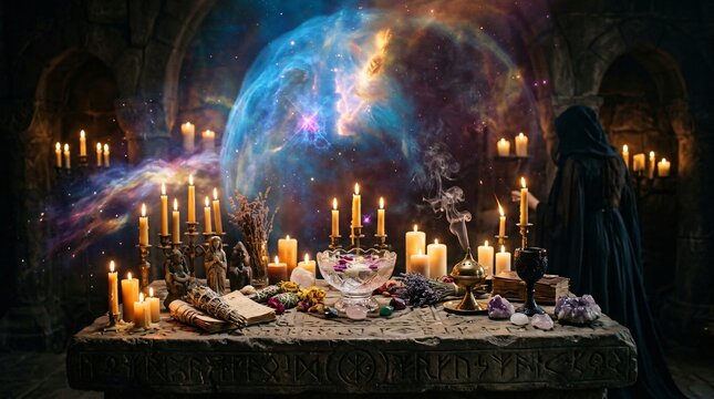 Altar m&iacute;stico de hechicer&iacute;a con velas encendidas, hierbas sagradas, cristales y figura encapuchada bajo una nebulosa c&oacute;smica en ritual espiritual.
