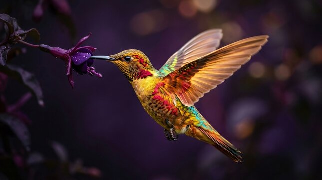 Colibr&iacute; multicolor volando y libando n&eacute;ctar de flor p&uacute;rpura, fauna ex&oacute;tica y biodiversidad de Am&eacute;rica Latina, naturaleza vibrante.