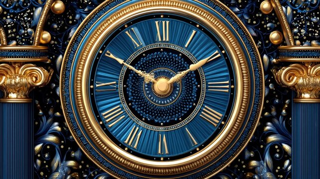 Ornate Blue Clock Design with Gold Accents and Intricate Details Representing Time and Elegance in Art
