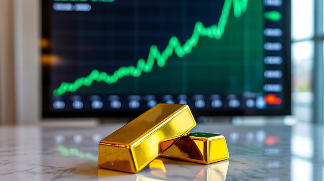 Gold bars positioned in front of a rising financial market chart