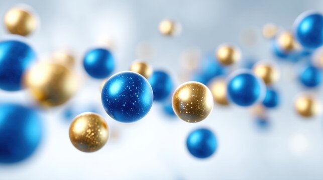 Abstract composition of blue and gold spheres floating in a soft blurred background, creating a vibrant visual effect