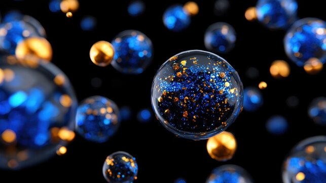 Abstract rendering of shiny blue and orange spheres floating in a dark space environment with glittering particles