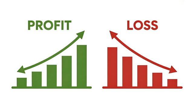 Profit and loss comparison chart showing rising gains and declining business losses