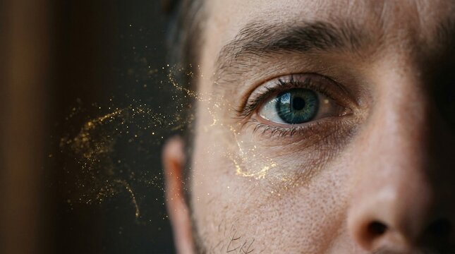 Primer plano de ojo masculino con estela dorada brillante, mirada intensa conceptual, visi&oacute;n de futuro, inspiraci&oacute;n y herencia hispana.