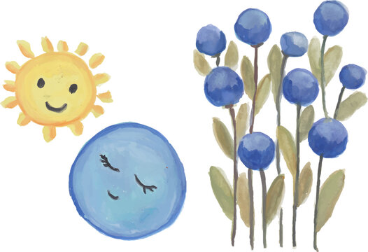 Sun, Planet, and Flowers Watercolor Elements Set