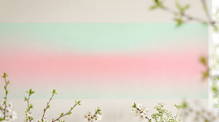 Naklejka premium Soft pastel spring background with cherry blossoms | Minimalist aesthetic pink and green gradient wallpaper | Blank horizontal banner for spring promotions | Abstract floral border design