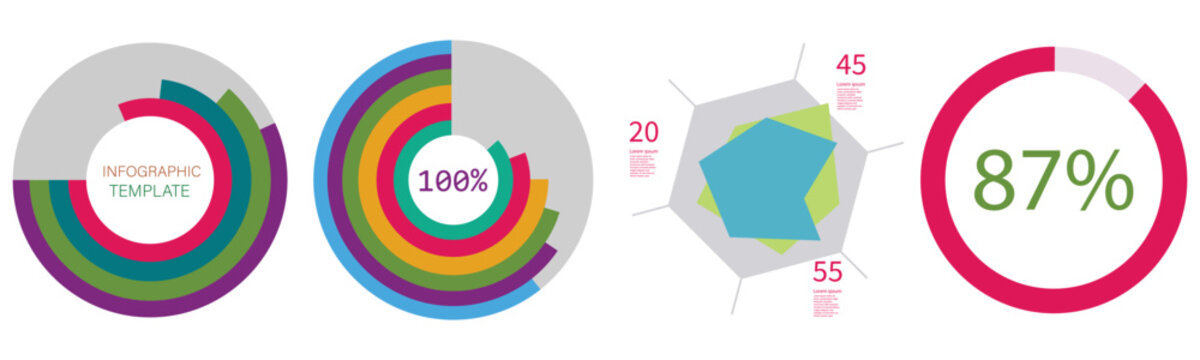 Data infographics charts and radar diagrams for business presentation or annual report.
