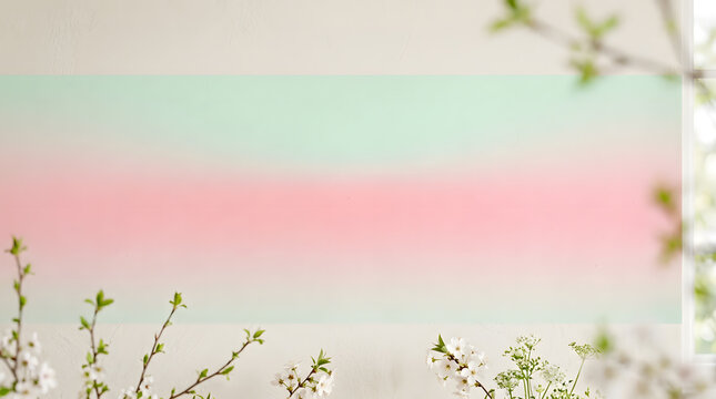 Soft pastel spring background with cherry blossoms | Minimalist aesthetic pink and green gradient wallpaper | Blank horizontal banner for spring promotions | Abstract floral border design