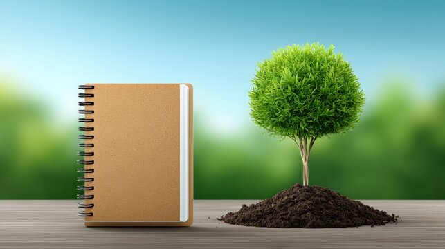 Eco friendly concept with a cork notebook and a small green tree growing in soil