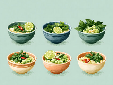 Experience an Array of Flavors: A Vibrant Display of Noodle Bowls with Fresh Herbs and Zesty Lime, Perfect for Culinary Enthusiasts and Food Lovers Alike.