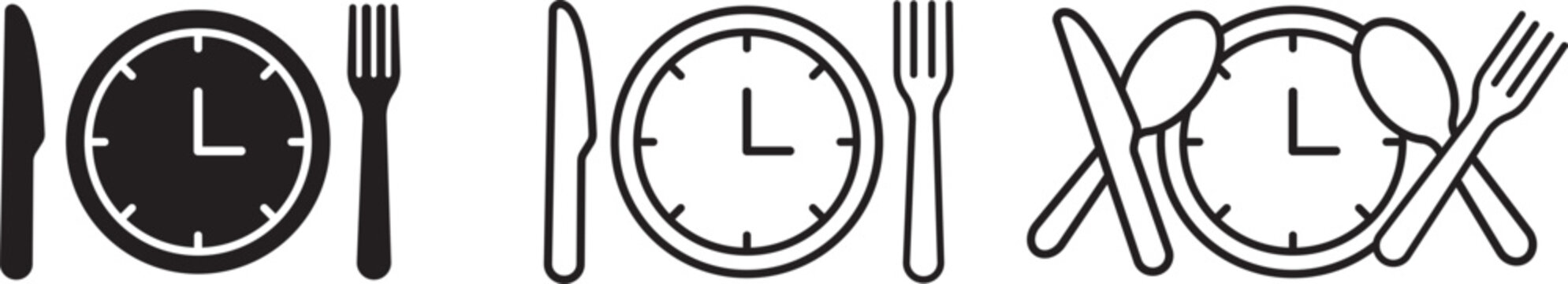 Meal time restaurant vector icon set, clock plate fork knife spoon symbol collection, lunch break dining schedule badge, black solid filled and line outline UI buttons, food delivery service web
