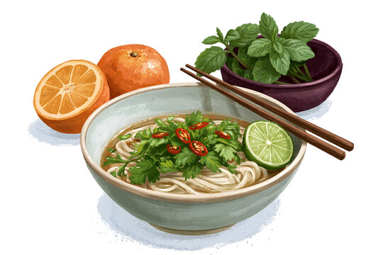 Explore the Vibrant World of Asian Cuisine with a Delectable Noodle Bowl Featuring Fresh Herbs, Citrus Fruits, and an Array of Spices for a Flavorful Experience