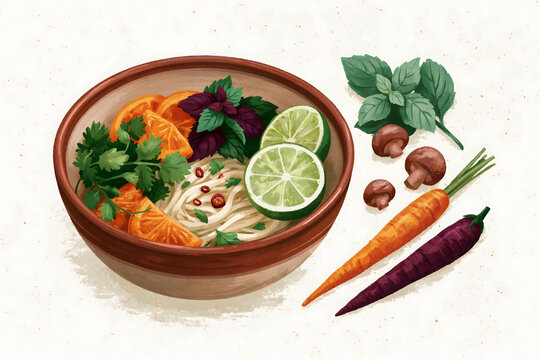 Delightful Bowl of Fresh Noodles with Colorful Vegetables and Aromatic Herbs for a Nutritious Culinary Experience
