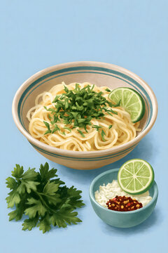 Delicious Bowl of Noodles with Fresh Lime and Cilantro - A Perfect Dish for a Quick and Tasty Meal, Ideal for Entertaining or Everyday Dining