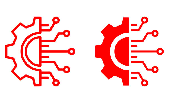 Technology gear PNG icon set with outline and solid digital circuit symbols for innovation automation engineering and smart technology