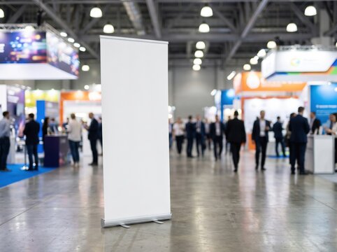 Blank white pull up banner stand positioned in the center of a busy trade show expo hall with blurred people walking between exhibition booths and overhead industrial lighting