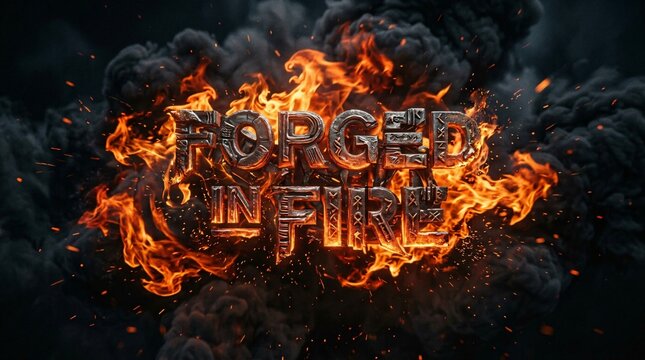 Texto 3D Forged in Fire ardiendo en llamas intensas, chispas y humo negro, tipograf&iacute;a met&aacute;lica &eacute;pica de fuerza y resiliencia.