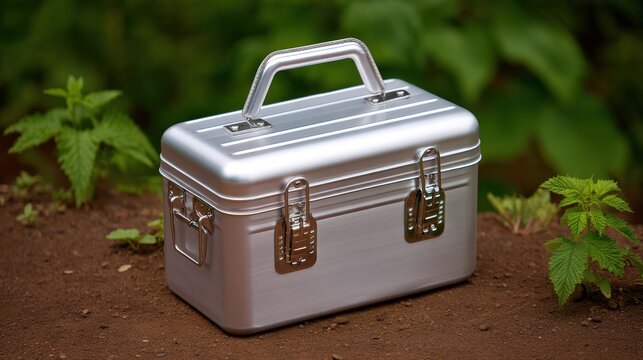 Metal aluminum carrying case box on brown earth with green plants background