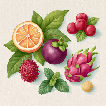 A Vibrant Arrangement of Exotic Fruits Showcasing Nature's Bounty, Perfect for Fresh Smoothies, Juices, and Healthy Culinary Delights