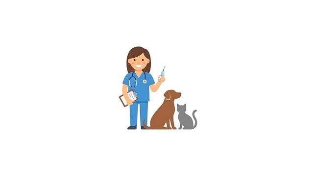 Female veterinarian with dog and cat pets illustration.
