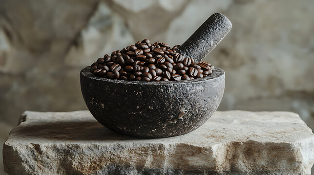 Roasted coffee beans in a stone mortar and pestle resting on a textured rock block with a neutral background
