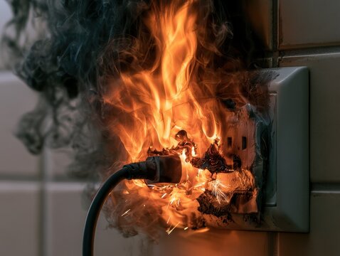 Closeup of a dangerous electrical fire erupting from a wall outlet with sparks and thick smoke, representing a severe household fire hazard and electrical safety risk