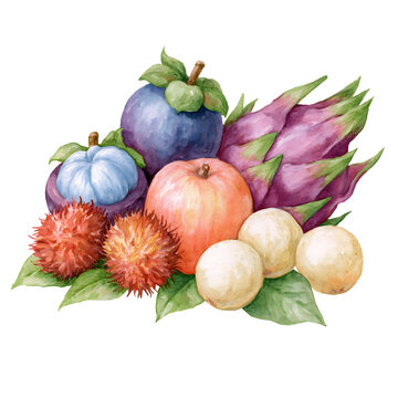 A Vibrant Collection of Exotic Fruits: A Watercolor Illustration Showcasing Fresh Tropical Delights Perfect for Brightening Any Culinary Experience