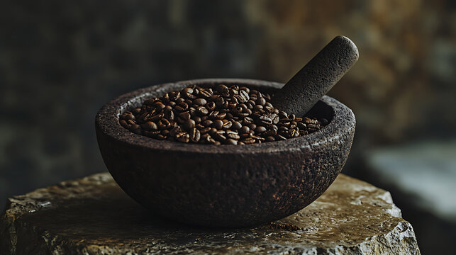 Dark and moody closeup of roasted coffee beans in a heavy stone mortar and pestle on a rustic rock surface