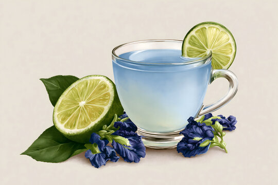 A Refreshing Herbal Beverage with Lime and Blue Flowers: Perfect for a Relaxing Moment and Enhancing Your Tea Experience