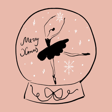 Merry Christmas glass ball with a ballerina dancing in the snow. New Year gift artisanal globe xmas lettering vector illustration dancer winter snowflakes balletcore and coquettecore hand drawn print 