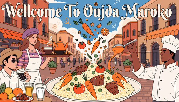Oujda Morocco Food Culture illustration - Couscous, Chef, Waitress, Citrus, Marrakesh Style