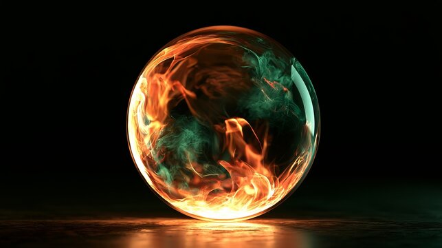 Glowing orb containing swirling fire and smoke, isolated against a dark backdrop, concept art symbolizing inner power and transformation through abstract visualization