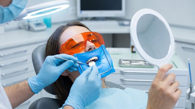 Dental patient wearing orange protective glasses during professional procedure with mirror and tools.