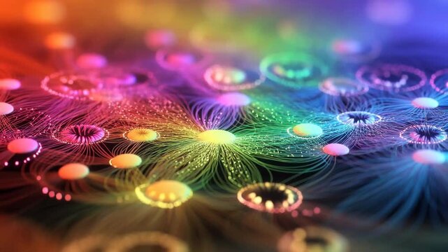 Colorful luminous nodes with flowing lines in abstract style on dark background, concept of connectivity and digital networks