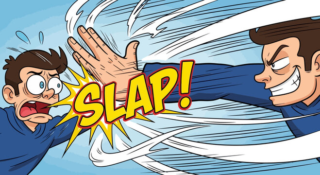 Cartoon illustration of one person slapping another across the face with a comic book style 'SLAP!' sound effect and motion lines.
