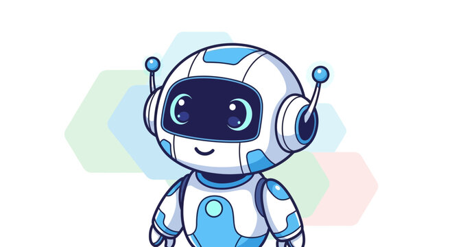 A friendly, cute cartoon robot character with blue and white colors, big eyes, and antennae, standing against a clean white background with subtle hexagonal patterns.