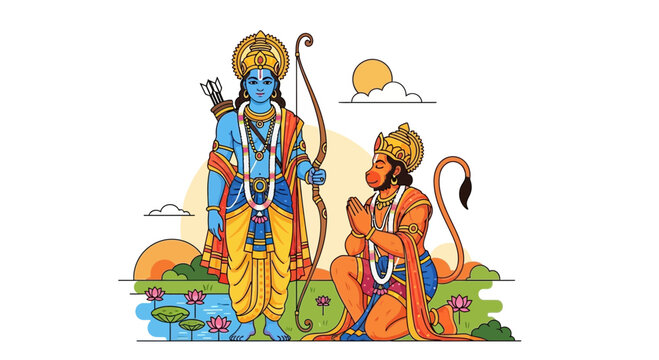 Lord Rama and Hanuman in a serene natural setting, depicting devotion and friendship from Hindu mythology with lotus flowers and sun.