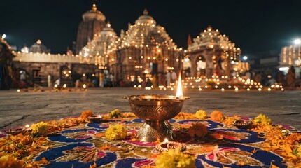 Fototapeta premium Illuminated diwali temple at night with traditional oil lamp and rangoli flower arrangement