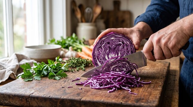 Chef hands slicing a fresh head of purple cabbage with a sharp steel knife on a rustic wooden cutting board surrounded by parsley and carrots in a bright kitchen setting