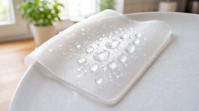 Macro view of water droplets on a white hydrophobic surface showcasing its repellent properties
