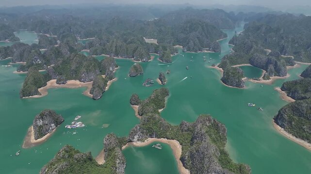Aerial view of the natural scenery of the karst peaks and forests in Ha Long Bay, Vietnam