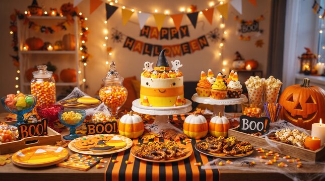 A candy corn themed Halloween party table with pumpkins, cupcakes, spider webs, and colorful treats, detailed festive scene, 8k. 16:9