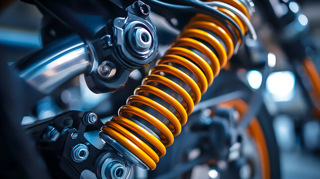 Closeup of a modern motorcycle rear suspension with bright yellow spring and mechanical details