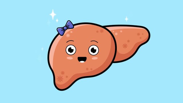 A motion graphic of the human liver, designed with a cute and playful concept, featuring blinking eyes and curvy shapes