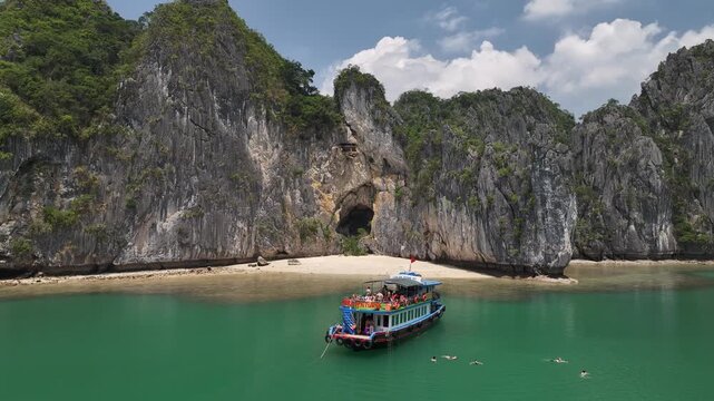 Aerial view of the natural scenery of the karst peaks and forests in Ha Long Bay, Vietnam