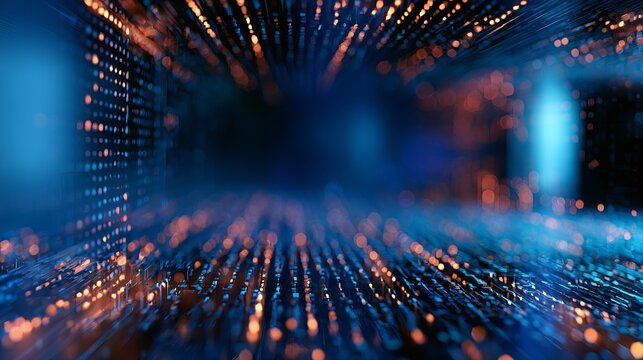 Abstract tunnel formed by brilliant blue and orange light streaks, representing digital flow and future technology, concept for innovation and connectivity