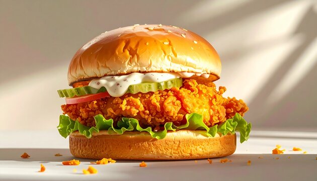 Crispy Fried Chicken Burger with Fresh Lettuce and Tomato