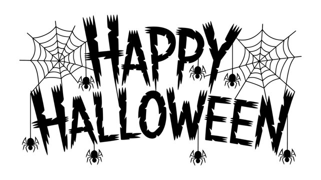 Happy Halloween jagged horror type with cobwebs and hanging spiders