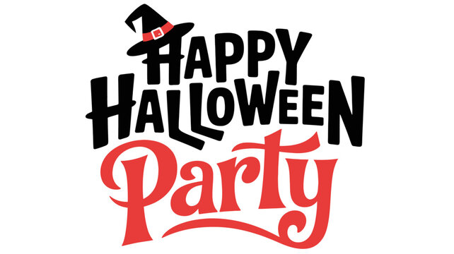 Happy Halloween Party hand lettering with witch hat for invitations